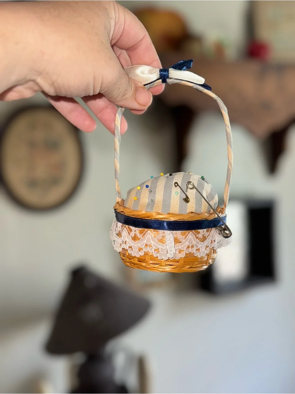 Handcrafted Cream and Blue Lace Trim Sewing Basket Pincushion